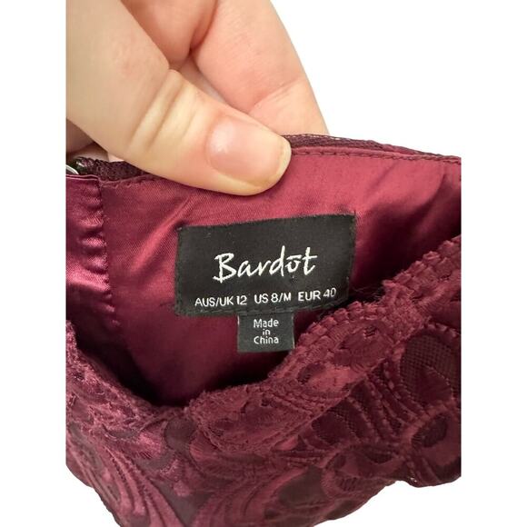 Bardot Gia Embroidered Lace Mesh Cocktail Bodycon Dress In Burgundy Size 8 - Picture 12 of 15